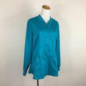 NWOT JAANUU Long Sleeve Turquoise Blue Ribbed Collar Pockets Scrubs Light Jacket